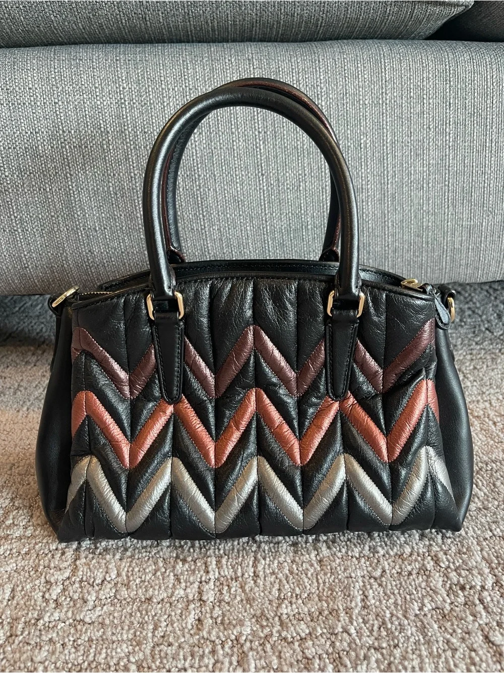 Coach Mini Sage Metallic Chevron Quilted Leather Satchel, Black Multi, F37372
